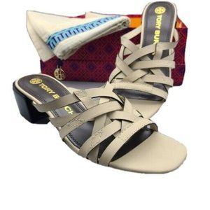 Tory Burch Sandals Basket Weave block heel Cream Slides Women Sz 8 New Box